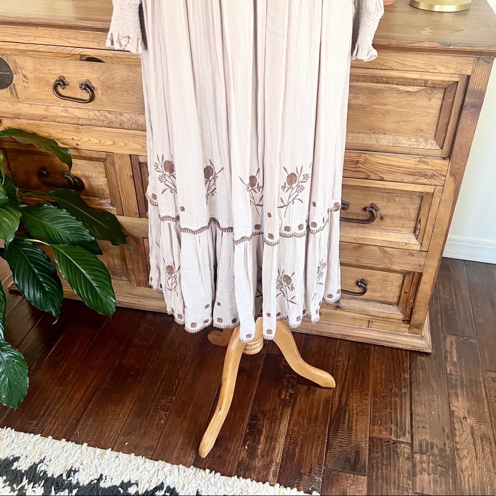 Roolee In Loom Tan Embroidered Boho Peasant Midi Dress M L - Picture 5 of 14